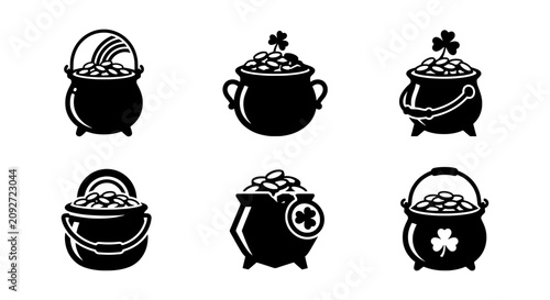 St. Patrick's Day Pot of Gold Icons, Lucky Clover Treasure, Irish Holiday Vector Set