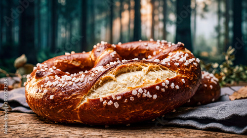 Bavarian Pretzel Node Macro with Blurred Alpine Forest
