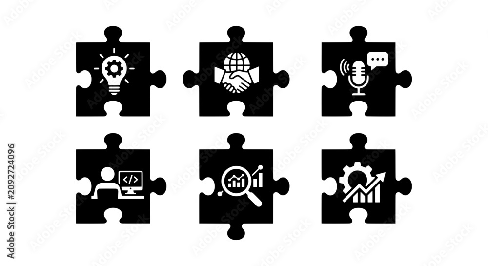 Fototapeta premium Business Strategy Puzzle Pieces: Innovation, Partnership, Communication, Coding, Analytics, Growth