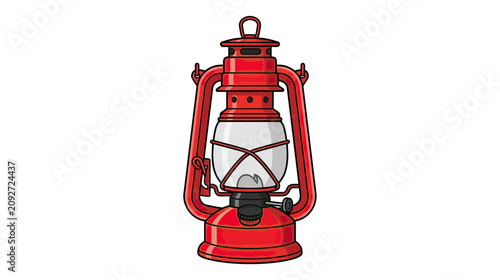 Foto Vintage Red Oil Lantern, Antique Kerosene Lamp with Glass Globe, Isolated