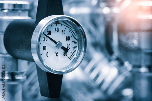 Canvastavla thermometer close-up on a copper tank distiller