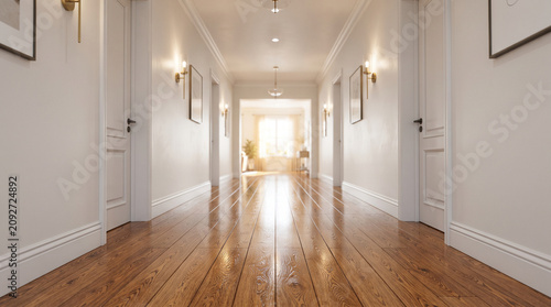 Empty bright hallway with wooden floor and white walls in luxury house corridor interior