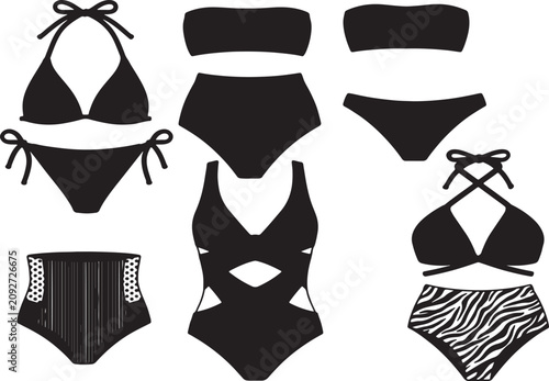 Фотография Bikini and swimsuit vector silhouettes, black swimwear collection for women, bea