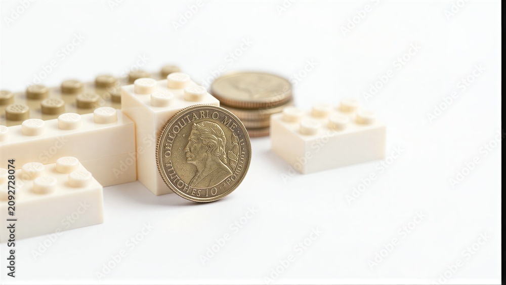 Fototapeta premium Legos and coins symbolize building wealth through play or investment.