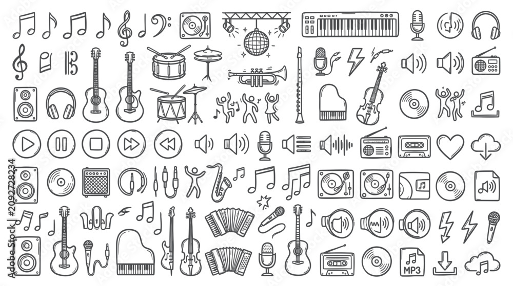 Fototapeta premium Doodle Music Icons Set: Instruments, Notes, DJ, Sound Equipment & Dance