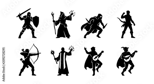 Bild auf Leinwand Fantasy Character Silhouettes: Warrior, Mage, Rogue, Archer, Bard