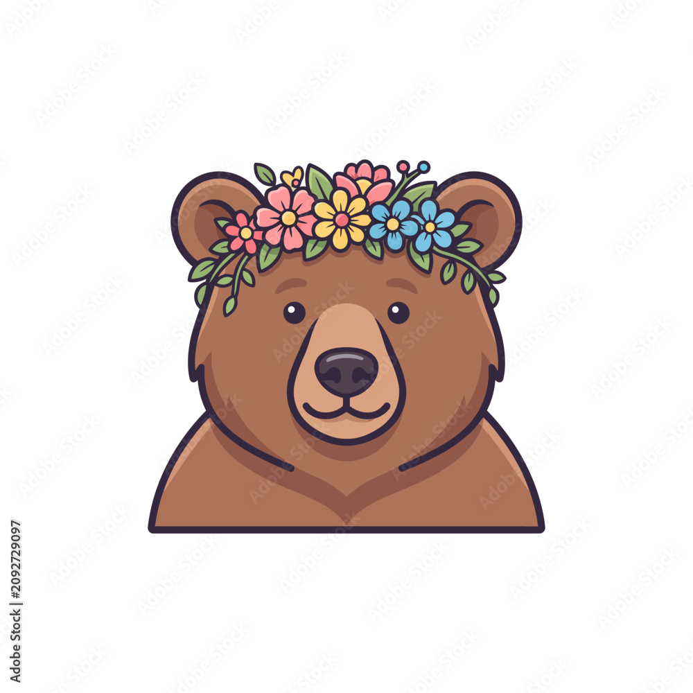 Obraz premium Cute Brown Bear Mascot Illustration Featuring a Colorful Floral Crown Headpiece for Playful Spring and Summer Forest Themed Graphic Designs