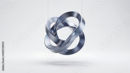 A sleek, minimalist metallic Mobius strip sculpture symbolizing infinity, innovation, and complex systems, ideal for presentations and technology themes