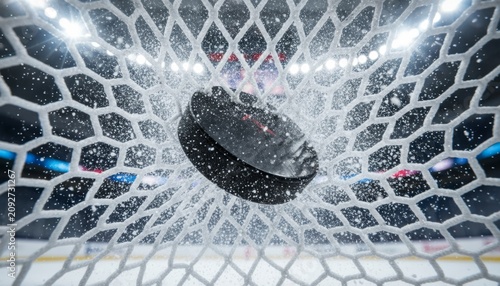 Ice hockey puck hitting the goal net in arena