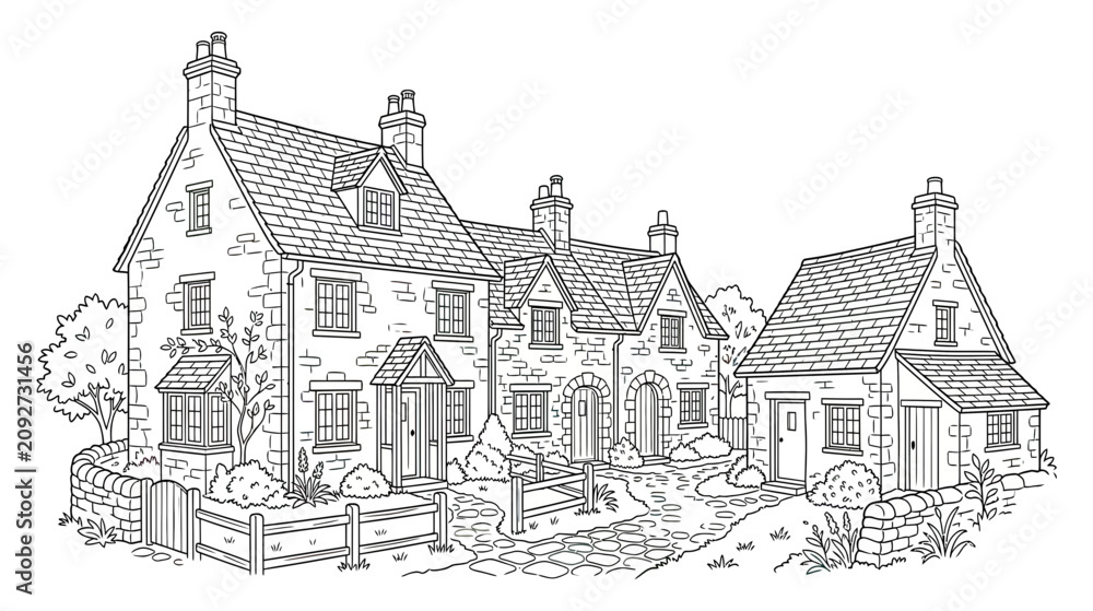 Fototapeta premium Charming English Village Cottages Line Art Illustration