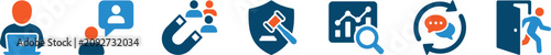 Human Resources Icon Set for Business Management, Legal Protection, Customer Attraction, and Data Analysis Vector Elements