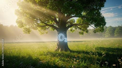 A large tree in a sunlit meadow with glowing 