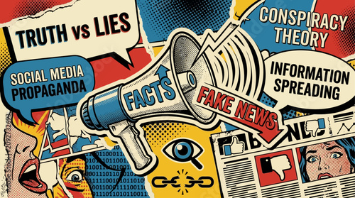 Contemporary art collage featuring a megaphone broadcasting facts against fake news and social media propaganda, conceptualizing misinformation, truth, and digital manipulation in society.
