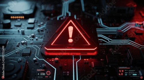 A glowing red warning triangle with an exclamation mark appears on a futuristic circuit board, indicating a critical system alert or cybersecurity threat.