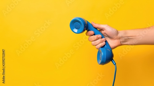 A hand holds a blue retro telephone handset against a bright yellow background.