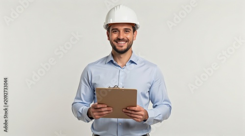 Smiling man in a white hard hat and light blue shirt holding a clipboard, standing against a plain background.