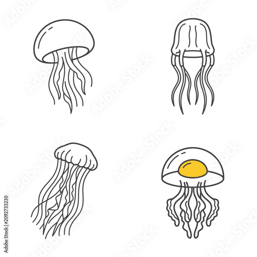 Set of four jellyfish line art illustrations, simple doodle style, isolated on white background