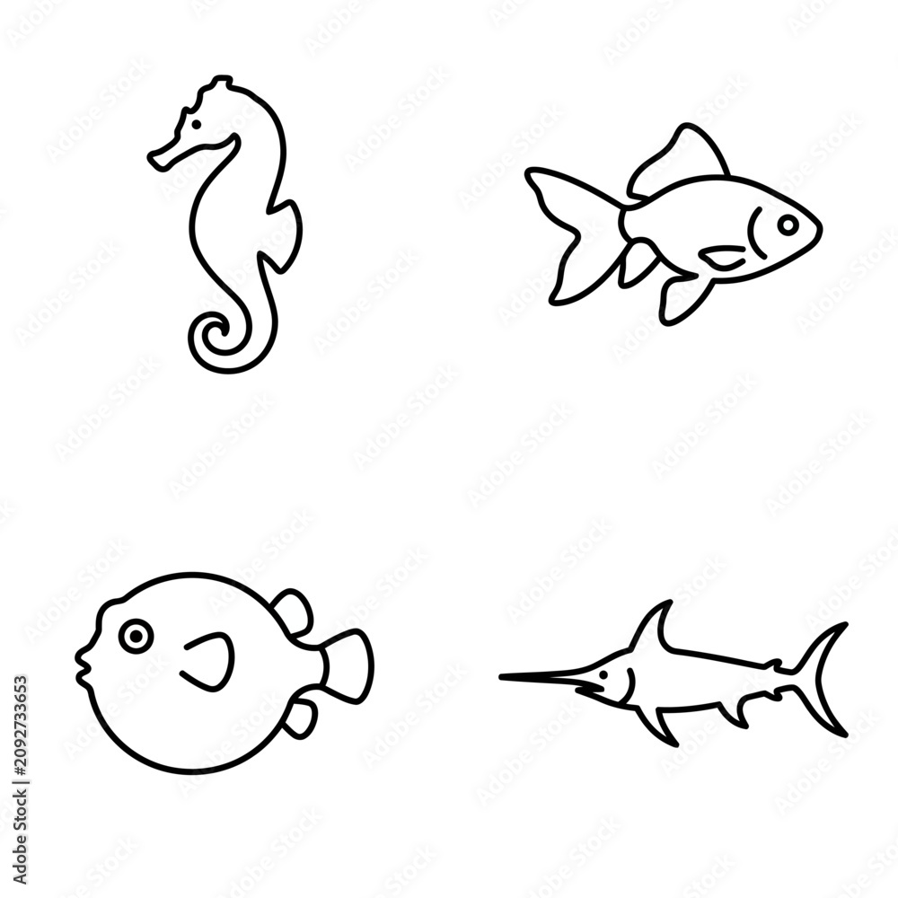 Obraz premium Simple Line Art Icons: Seahorse, Goldfish, Pufferfish, Swordfish