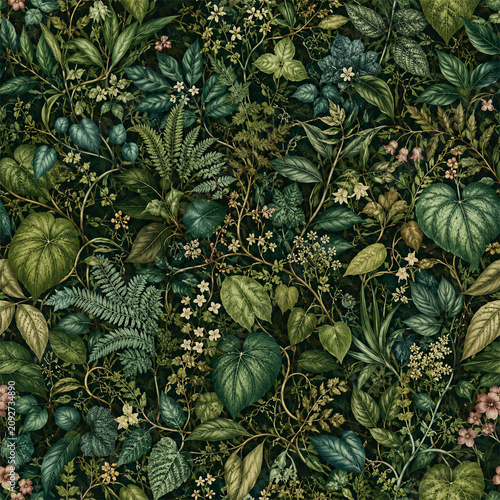Dense dark green botanical pattern filled with layered tropical leaves delicate vines tiny blossoms and curling stems creating a richly detailed woodland surface for elegant interior decoration