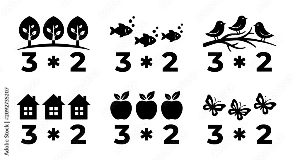 Obraz premium Nature Icons Set: Trees, Fish, Birds, Houses, Apples, Butterflies