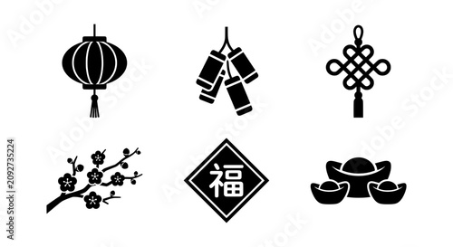 Chinese New Year Icons: Lantern, Firecrackers, Knot, Blossom, Fortune, Gold