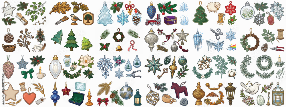 Obraz premium Seasonal Winter Decor Art Collection Featuring Festive Ornaments and Natural Elements