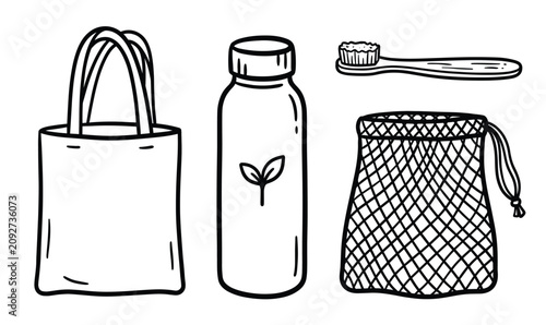 Sustainable living essentials hand drawn line art set for eco friendly lifestyle with reusable