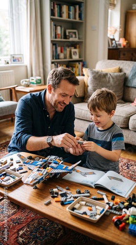 Father and son happily building a complex Lego spaceship model together on a coffee table