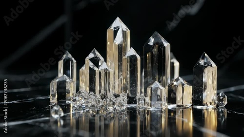 Elegant Golden Crystal Prisms forming an Abstract Cityscape on Dark Reflective Surface Symbolizing Liquid Gold Economy Flow