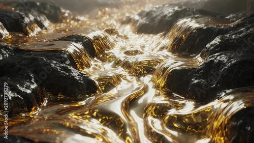 Molten Golden Liquid Flowing Over Dark Jagged Volcanic Rocks in a Moody Cinematic Abstract Background