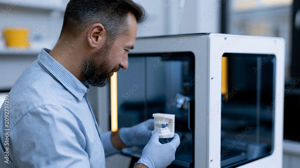 Fototapeta premium Dental technician removing a jaw model from a 3D printer at a laboratory for implant production, dental technology concept, with copy space