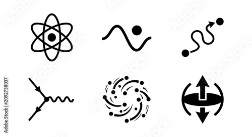 Obraz na płótnie Physics Icons Set: Atom, Wave, Particle Path, Interaction, Vortex, Spin