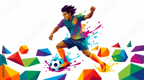 Foto Dynamic Soccer Player Dribbling Ball in Vibrant Abstract Geometric Shapes, Color