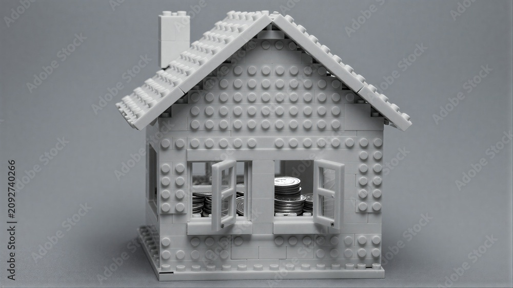 Fototapeta premium Lego house with coins inside, symbolizing savings or financial security.