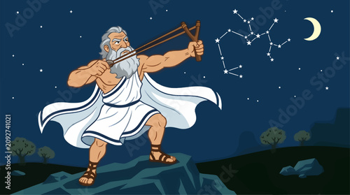 Schilderij op canvas Ancient Greek Philosopher with Slingshot Aiming at Constellation in Night Sky, F