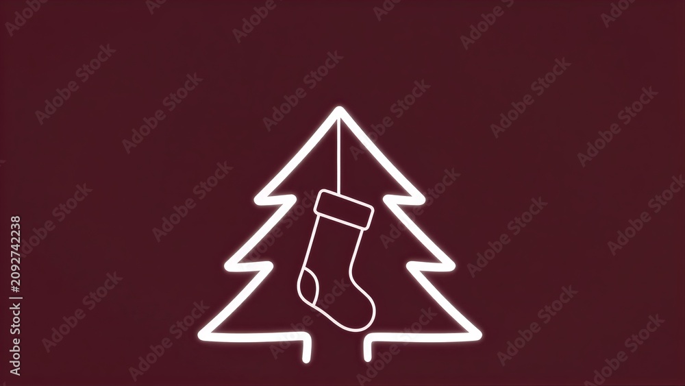 Fototapeta premium White Christmas tree and stocking outline on deep red background.