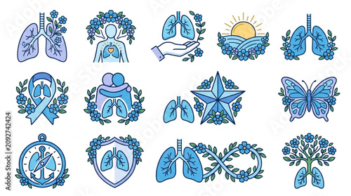 Collection of stylized lungs illustrations with nature and human elements.