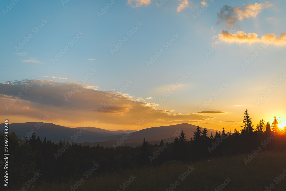 Obraz premium Beautiful sunset over the Carpathian mountains with sun rising or setting behind pine trees.
