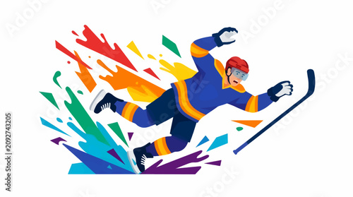 Canvas Print Dynamic Flat Vector Illustration of a Hockey Player in Action, Sliding with Stic