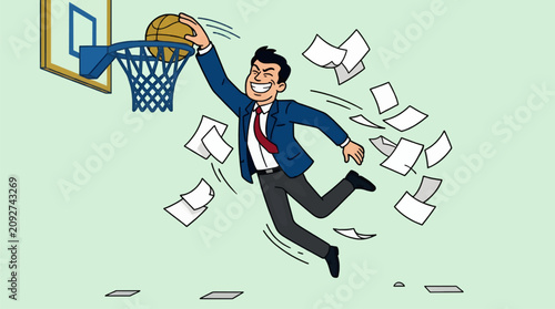 Energetic Businessman Dunking Basketball Over Office Papers, Dynamic Flat Illustration with Blue Suit and Red Tie, Success Concept