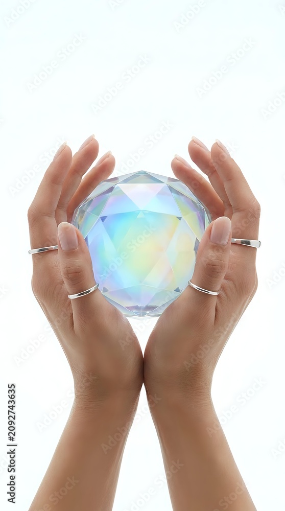 Obraz premium Hands holding iridescent crystal sphere with rainbow light reflections on white background, isolated for design use and spiritual concepts.