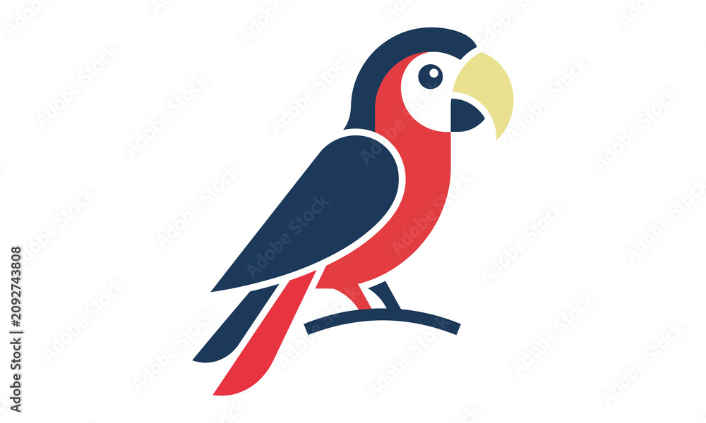 Fototapeta premium Flat vector parrot icon logo, stylized tropical macaw bird illustration, modern minimalist wildlife animal graphic sign isolated on white background