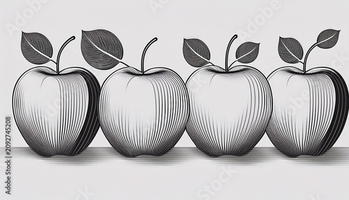 Repeating Minimalist Black Line Drawings Of Apples With Stems And Two Leaves Arranged In Uniform Rows On White Background