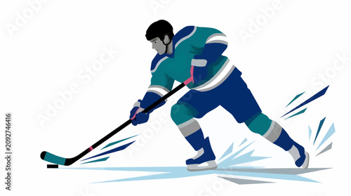 Photography Dynamic Hockey Player in Action, Skating and Shooting Puck on Ice, Flat Vector I