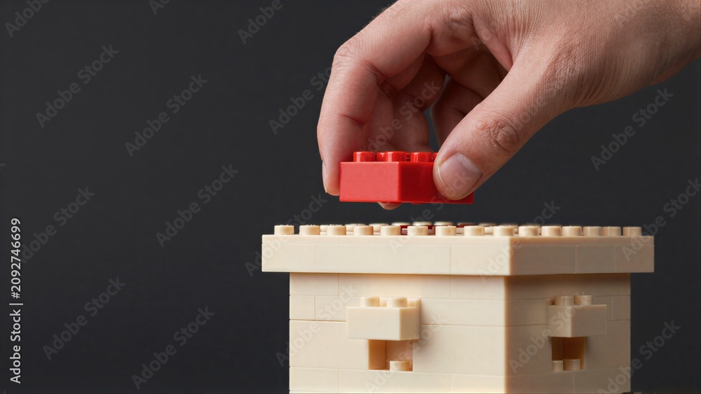 Fototapeta premium Hand places red LEGO brick atop beige structure, symbolizing growth or construction.