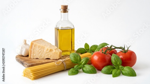 Italian food ingredients with spaghetti, parmesan cheese, tomatoes, basil and olive oil on white background