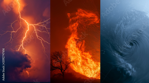 Collage of Natural Disasters: A powerful triptych showcasing extreme weather events: a dramatic lightning strike, a raging wildfire consuming a tree, and an aerial view of a destructive hurricane.