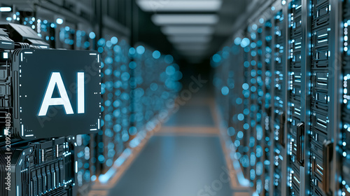 AI Server Room Glow: A close-up of a server rack with AI illuminated on a digital interface, surrounded by rows of glowing blue server lights in a modern data center.