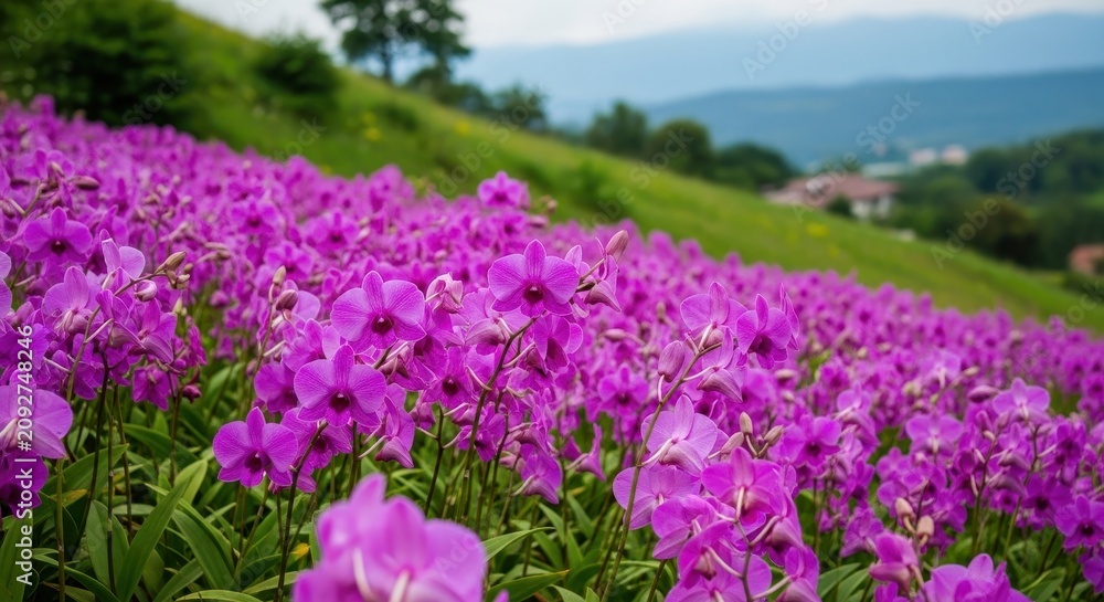 Fototapeta premium Field full of vibrant purple orchids blooming on hillside with mountain backdrop.