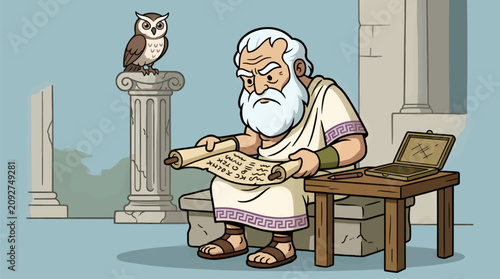 Schilderij op canvas Ancient Greek Philosopher Character Illustration Reading Scroll Beside Owl on Co